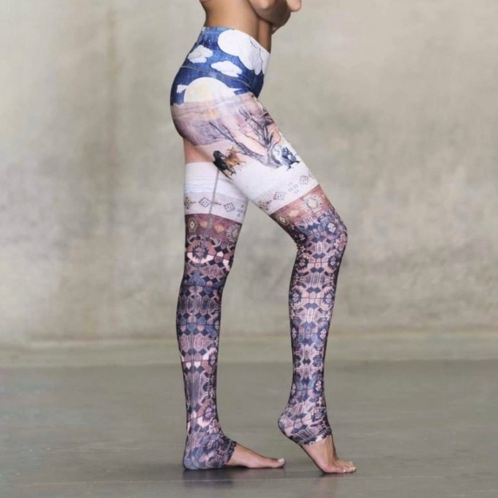 NIYAMA SOL blue white brown clouds print mustang sally endless long leggings - Picture 2 of 11